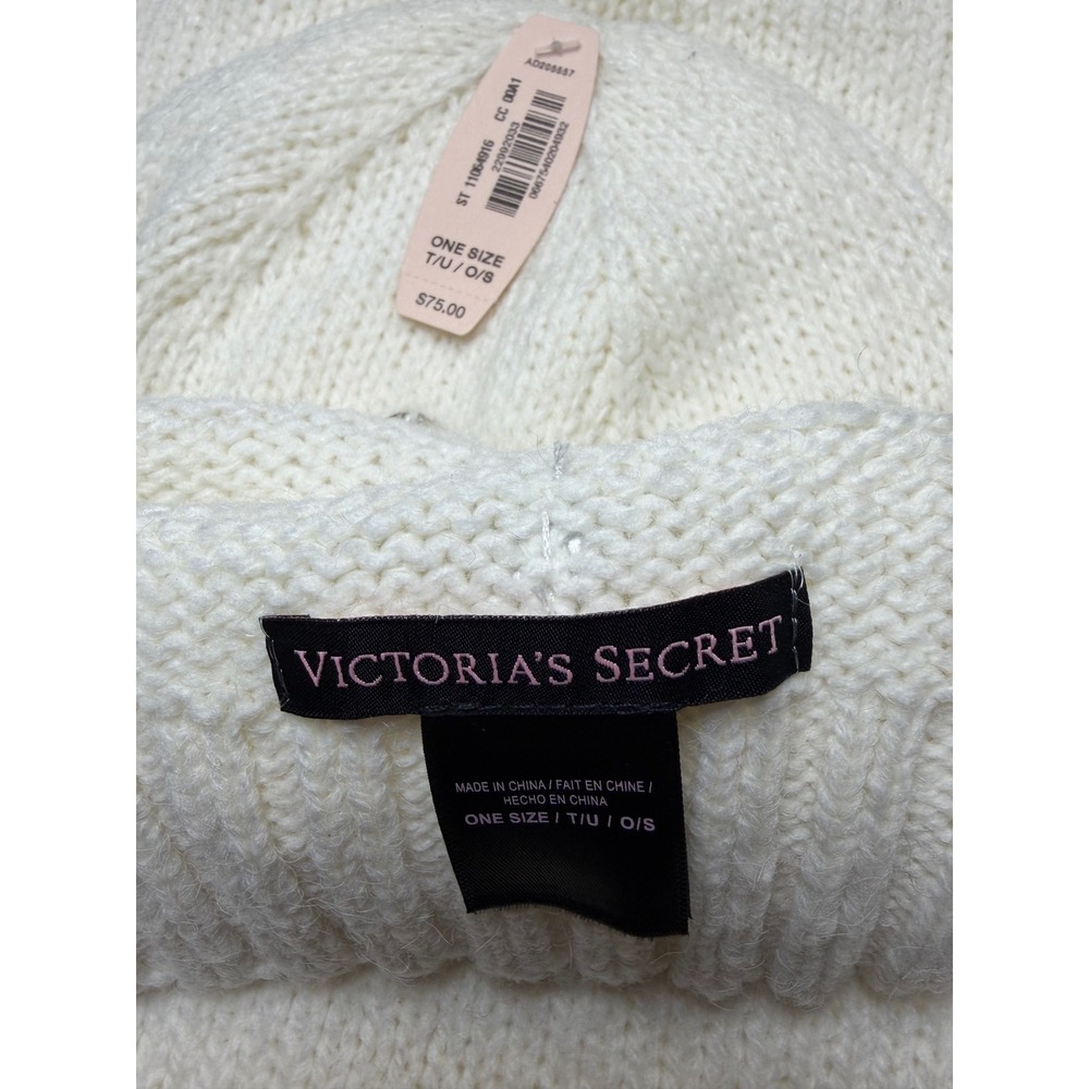 Victorias Secret Beanie Scarf Set Ivory White Rhinestone Knit‎ Winter 2pc NWT - Picture 3 of 4